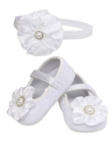 Cherished Moments Petals White Lace Infant Headband and Shoes Gift Set