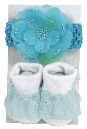 Stephan Baby Large Turquoise Flower Infant Headband and Bootie Socks Gift Set