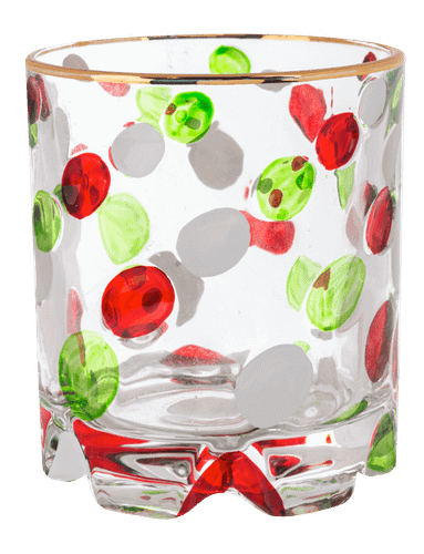 Ganz Gold Rimmed Red & Green Christmas Spinning Old Fashion Cut Glasses