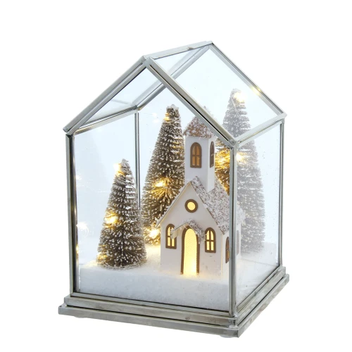 Kurt Adler Led Lighted Church Snow Scene Tabletop Glass House