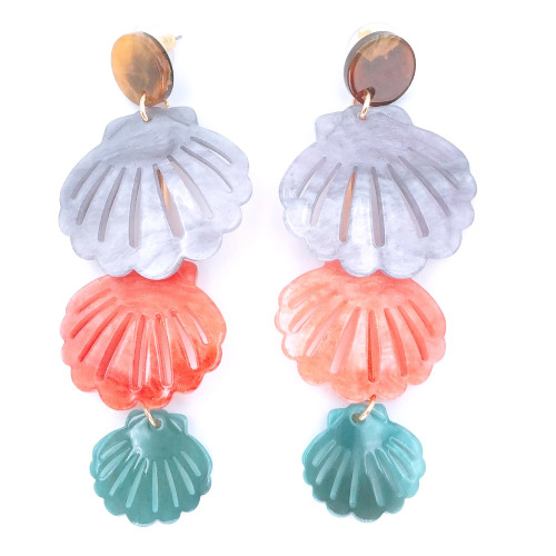 Triple Scallop Seashells Long Dangle Earrings multicolor