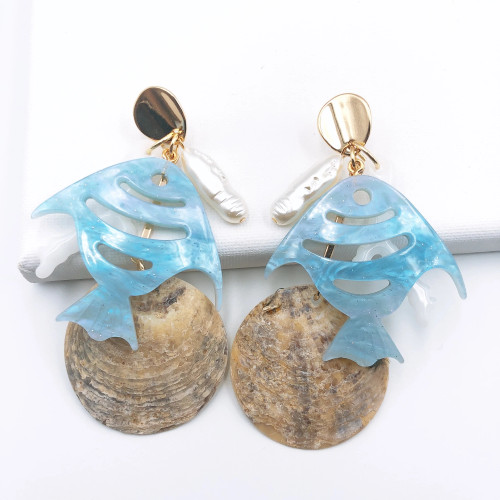 Tropical Blue Fish & Shell Dangle Earrings Tropical Blue Fish & Shell Dangle Earrings