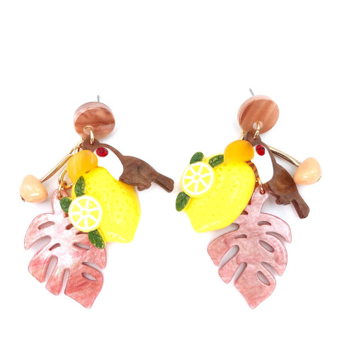 Toucan Bird with Lemons & Palm Leaf Dangle Earrings Tropical Toucan Bird with Lemons & Palm Leaf Dangle Earrings Tropical