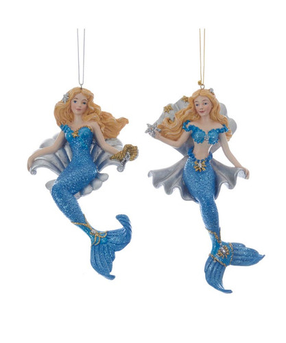 Kurt Adler Blue Glitter Mermaid Sitting On A Sea Shell Christmas Tree Ornament