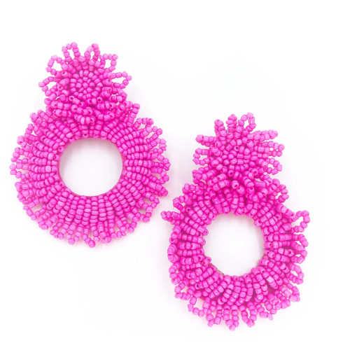 Stella Fringe Beaded Hoop Earrings hot pink