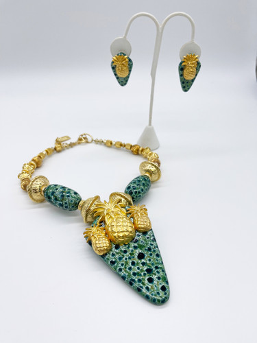 Anthony Alexander Gold Pineapple Green Statement Necklace and Earrings Set