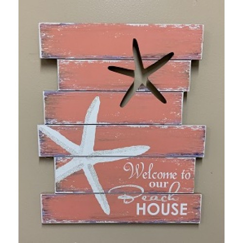 Coral Wood Planks and Starfish Welcome To Our Beach House Sign
