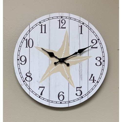 Starfish White Plank Wood Wall Clock