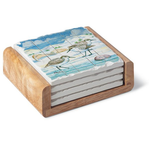 Shoreline Sandpiper Birds Coasters in Holder Set