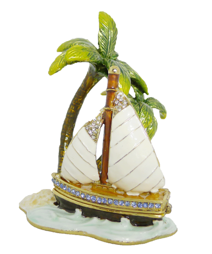 Sailboat Palm Tree Island Jeweled Trinket Box