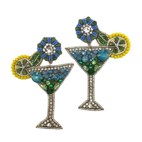 Allie Beads Blue Lemonade Martini Cocktail Glass Embellished Earrings
