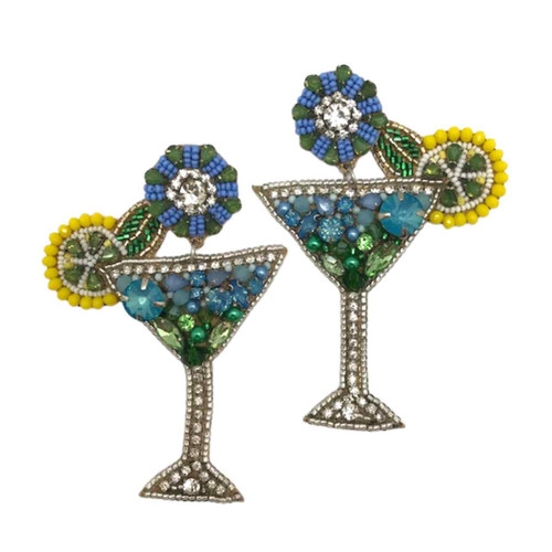 Allie Beads Blue Lemonade Martini Cocktail Glass Embellished Earrings