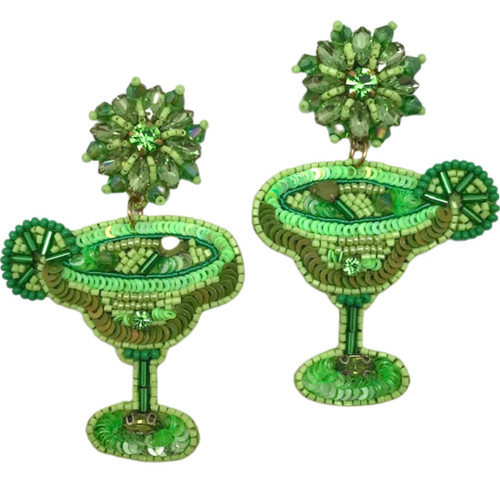 Allie Beads Lime Green Margarita Glass Embellished Earrings