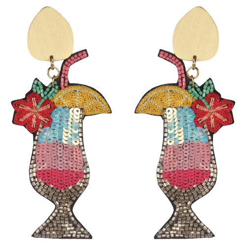 Allie Beads Rainbow Tropical Cocktail Tall Glass Embellished Earrings