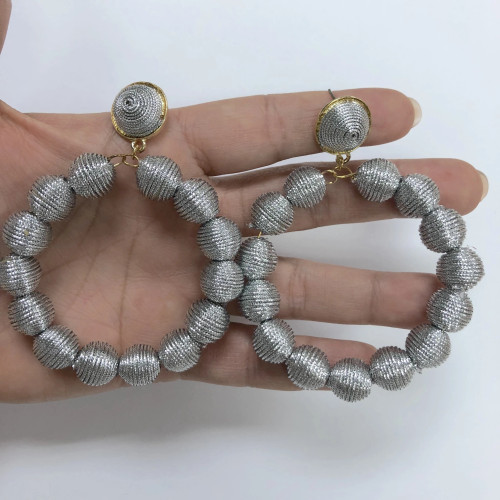 Ashely Metallic Thread Beads Hoop Earrings Silver