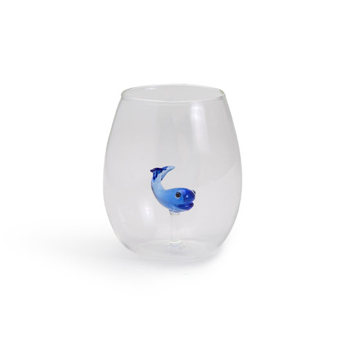 Two's Company Blown Glass Blue Whale Inside Stemless Wine Glass Two's Company Blown Glass Blue Whale Inside Stemless Wine Glass