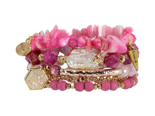 Erimish Bright Pink Gold & Pearl Selena 5 Stack Bracelet Set