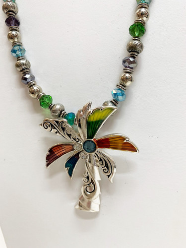 Multi-Colors and Silver Beads Palm Tree Pendant Long Necklace & Earring Set