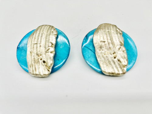 Anthony Alexander Turquoise Capiz Shell Silver Bar Circle Clip Earrings