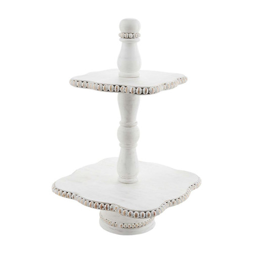 Mud Pie White Wood Beaded Two Tiered Server