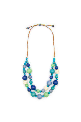 Lucy Straw and Tagua Nut Ball Bead Double Strand Necklace Blue Green Lucy Straw and Tagua Nut Ball Bead Double Strand Necklace Blue Green