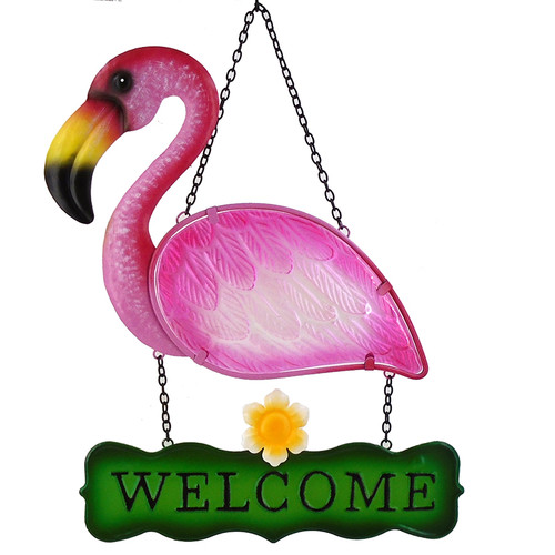 Metal Pink Flamingo With Glass Insert Welcome Door Wall Sign