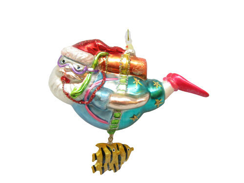 December Diamonds Scuba Santa With A Tropical Fish Glass Ornament