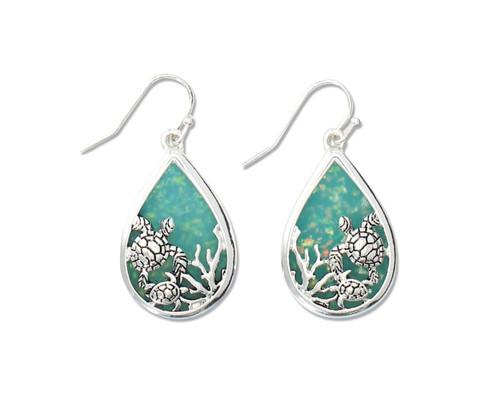 Periwinkle Resin Opal Ocean Turtle Scene Teardrop Earrings