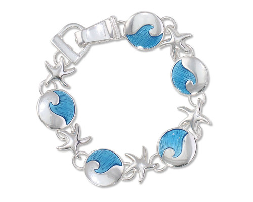 Periwinkle Blue Waves & Starfish Silver Link Bracelet  