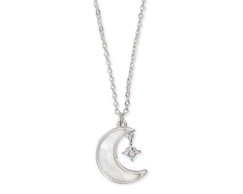 Periwinkle Mother Of Pearl Half Moon With Crystal Star Silver Necklace