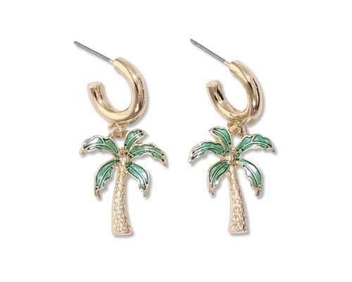Periwinkle Palm Tree Dangle Charms Gold Hoop Earrings  
