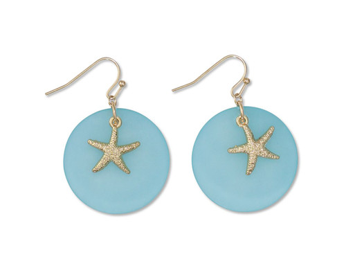 Periwinkle Aqua Sea Glass Disc With Gold Starfish Charm Earrings