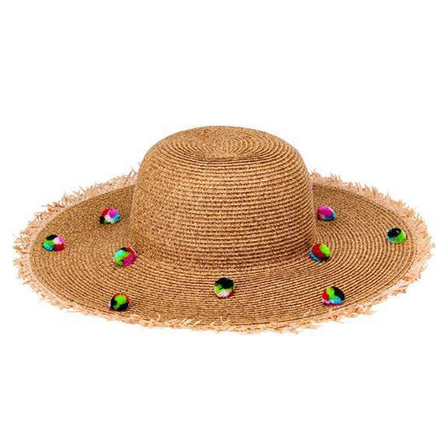 Women's Multi Color Pom Poms Frayed Edge Sun Hat