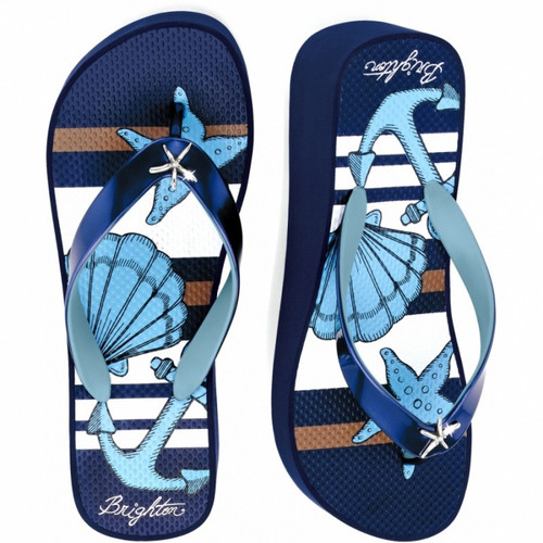 Brighton Coastal Shell Navy Blue Wedge Flip Flops
