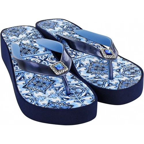 Brighton Bella Capri Tiles Ink Blue Wedge Flip Flops - 9