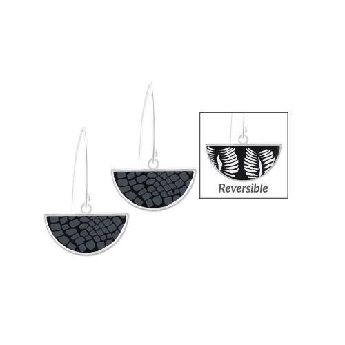 Jilzarah Reversible Half Moon Midnight Black Palm Silver Earrings