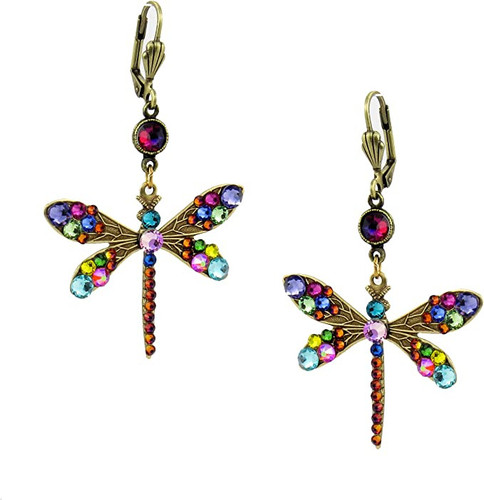 Anne Koplik Multi-Color Crystal Antique Brass Dragonfly Earrings