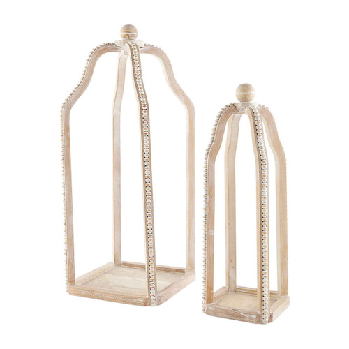 Mud Pie Distressed Finish Tall Beaded Wood Open Air Display Lantern Set