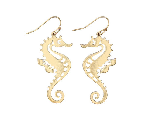 Periwinkle Bright Gold Etched Seahorses Dangle Earrings 