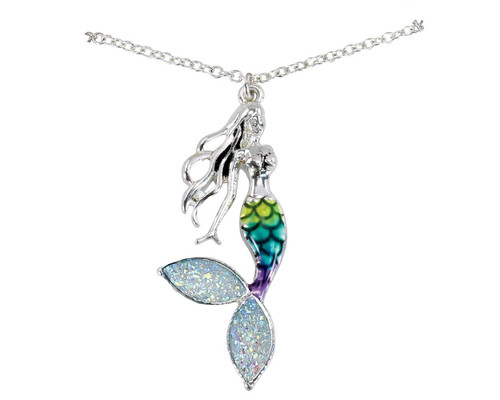 Periwinkle Iridescent Glitter Tail Mermaid Pendant Silver Chain Necklace