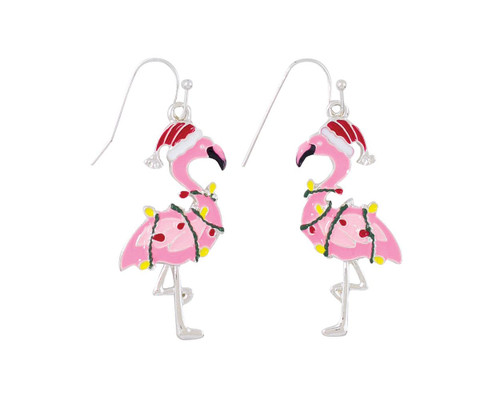 Periwinkle Holiday Lights Flamingo In Santa Hat Dangle Earrings