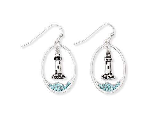 Periwinkle Lighthouse With Crystal Blue Waters Silver Hoop Earrings  