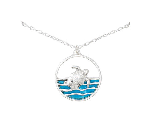 Periwinkle Sea Turtle Swimming In A Turquoise Blue Ocean Silver Necklace