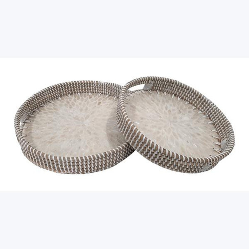 Seagrass Weave and Capiz Shells Serving Tray Set of 2