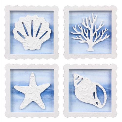 Sealife White Raised Wood Wave Frame Tabletop or Wall Art  Set of 4
