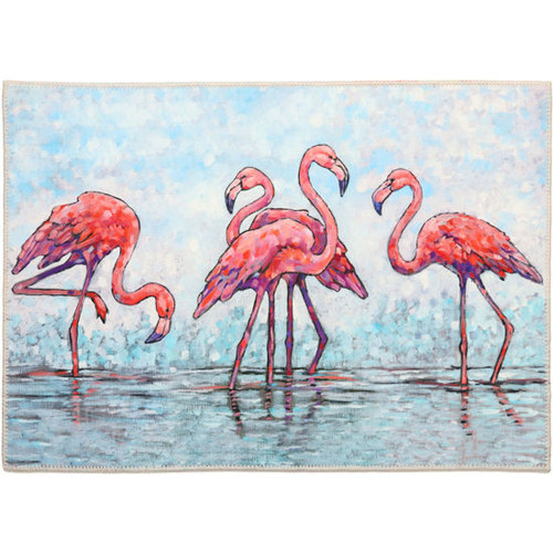 Olivia's Home Tropical Pink Flamingos at Water's Edge Ultra Thin Accent Rug