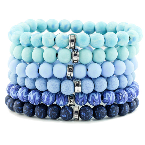 Periwinkle AB Blue Speckled Iridescent Beads Turtle Charm Stretch Bracelet  - Beach House Gift Boutique