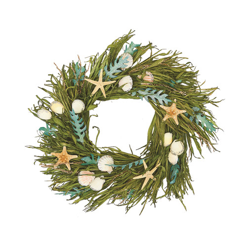 Green Seaweed Sea Grass and Sea Shells and Starfish Wreath