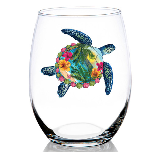One Brilliant Gift Color Printed Tropical Scene Turtle Stemless Wine Glass
