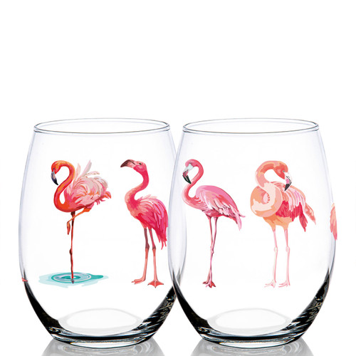 One Brilliant Gift Color Printed Pink Flamingos Stemless Wine Glass One Brilliant Gift Color Printed Pink Flamingos Stemless Wine Glass